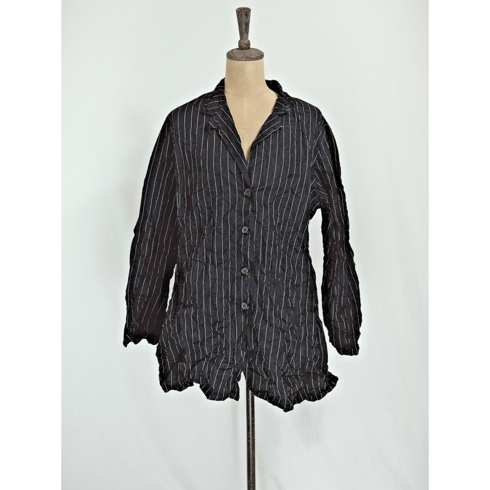 SUN KIM Comfy USA Jacket Black White Striped Boyfriend Shirt XL #0050